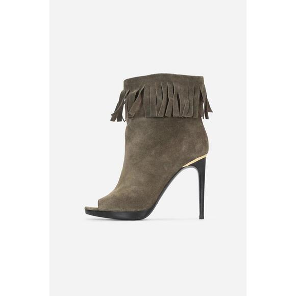 Burberry Khaki Suede Fringed Open-Toe Booties - Picture 1 of 6